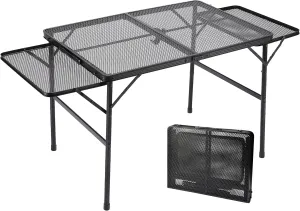 Folding Family Camping Table with 2 Wing Panels, Metal Grill Table with Mesh Tabletop, 2 Adjustable Heights, Large Picnic & Outdoor Table, 2 Side Shelves, Lightweight (3x2 FT, Black)