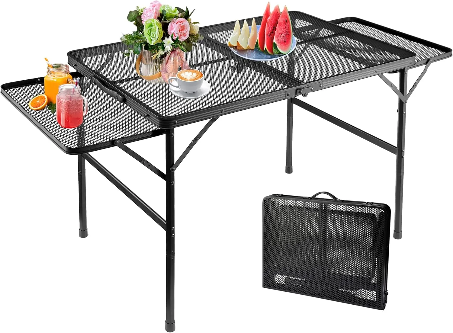 Folding Family Camping Table with 2 Wing Panels, Metal Grill Table with Mesh Tabletop, 2 Adjustable Heights, Large Picnic & Outdoor Table, 2 Side Shelves, Lightweight (3x2 FT, Black)