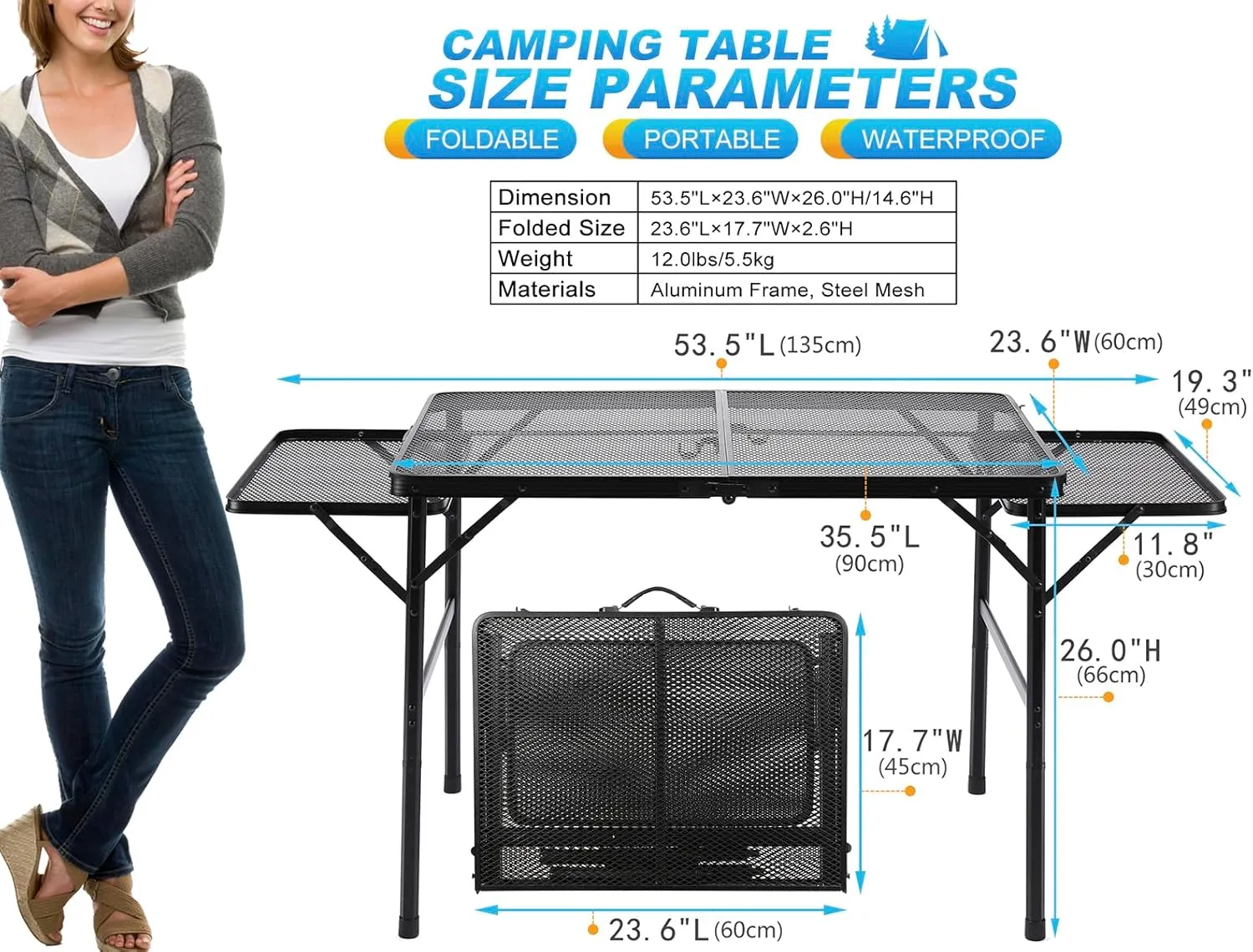 Folding Family Camping Table with 2 Wing Panels, Metal Grill Table with Mesh Tabletop, 2 Adjustable Heights, Large Picnic & Outdoor Table, 2 Side Shelves, Lightweight (3x2 FT, Black)