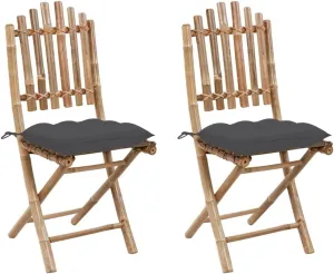 Folding Patio Chairs with Cushions Set of 2, Solid Bamboo Outdoor Dining Chairs for Garden, Patio, Lawn, Camping, Anthracite Cushions