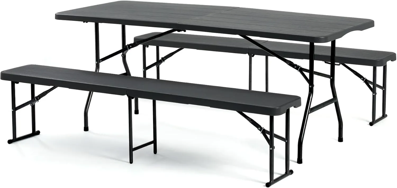 Folding Picnic Table Set with 2 Benches, 6 ft Camping Table Chair Set, 3-Piece Folding Furniture for Indoor or Outdoor Use, W/Handle and Safety Locks,Smooth Tabletop, Black
