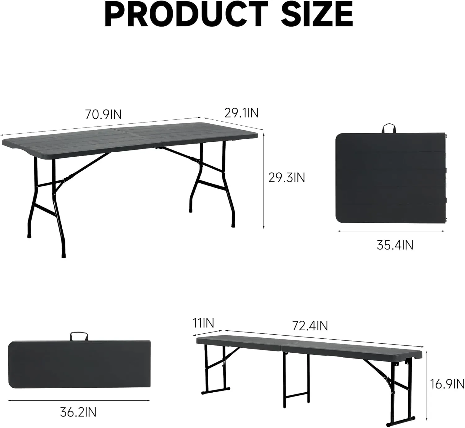 Folding Picnic Table Set with 2 Benches, 6 ft Camping Table Chair Set, 3-Piece Folding Furniture for Indoor or Outdoor Use, W/Handle and Safety Locks,Smooth Tabletop, Black