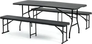 Folding Picnic Table Set with 2 Benches, 6 ft Camping Table Chair Set, 3-Piece Folding Furniture for Indoor or Outdoor Use, W/Handle and Safety Locks,Smooth Tabletop, Black
