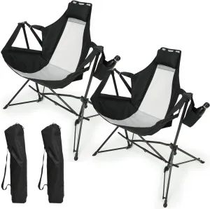 Folding Portable Rocking Hammock Chair with Adjustable Back, Cup Holder and Carry Bag, for Camping or Backyard, Black
