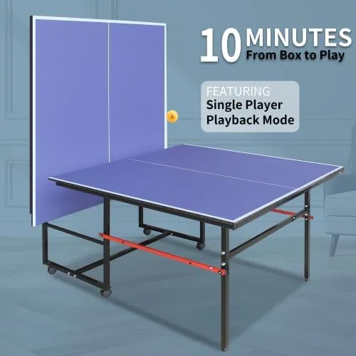 Folding Rolling Table Tennis Table Regulation Ping Pong Table with 2 Paddles 2 Balls 1 Net and Post Set Fold-Up Design 4 Wheels for Easy Movement, Blue