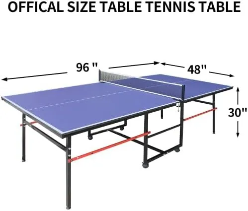 Folding Rolling Table Tennis Table Regulation Ping Pong Table with 2 Paddles 2 Balls 1 Net and Post Set Fold-Up Design 4 Wheels for Easy Movement, Blue