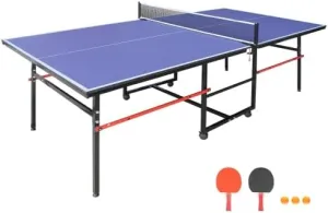 Folding Rolling Table Tennis Table Regulation Ping Pong Table with 2 Paddles 2 Balls 1 Net and Post Set Fold-Up Design 4 Wheels for Easy Movement, Blue