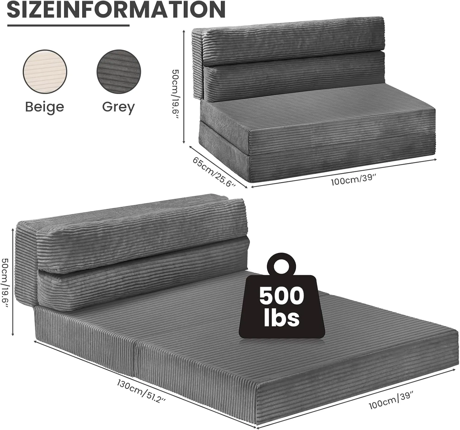 Folding Sofa Bed, Convertible Sleeper Chair with Pilow Foldable Matress, 2 in 1 Pull Out Loveseat Sofa Portable Fold Out Chair Bed Comfy Floor Couch Lounge for Living Room Bedroom,Grey,Twin