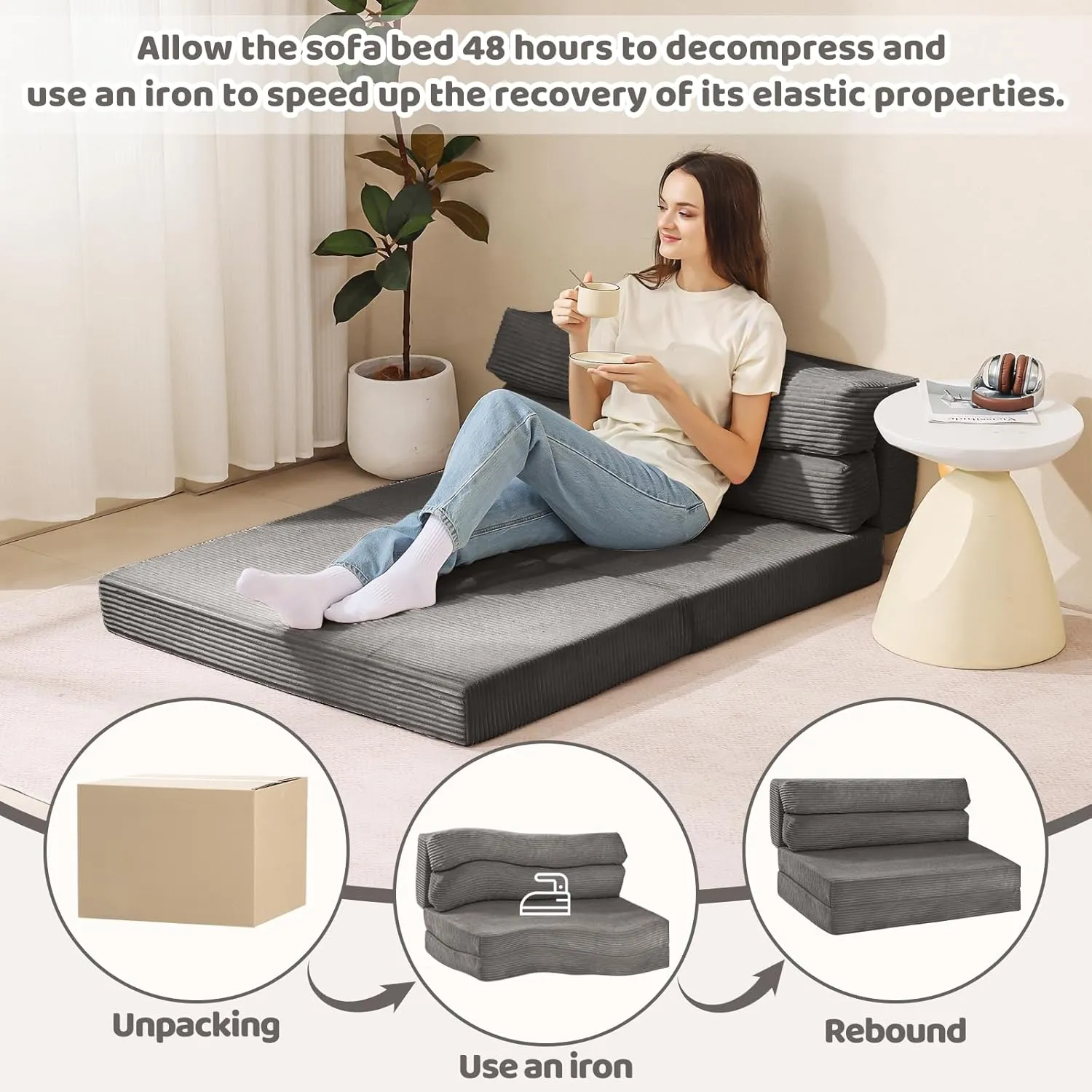Folding Sofa Bed, Convertible Sleeper Chair with Pilow Foldable Matress, 2 in 1 Pull Out Loveseat Sofa Portable Fold Out Chair Bed Comfy Floor Couch Lounge for Living Room Bedroom,Grey,Twin