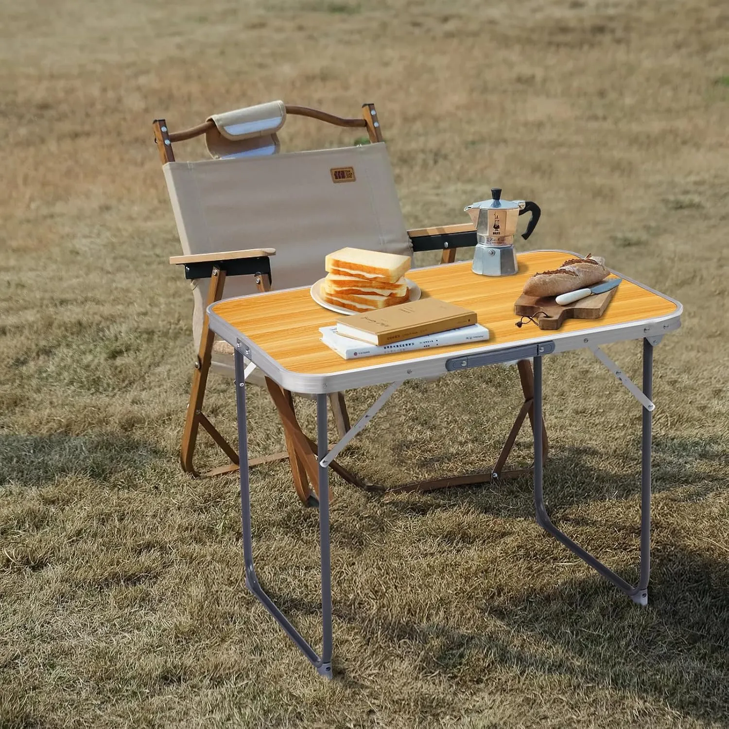 Folding Table 2.3 Foot Portable Heavy Duty Plastic Fold-in-Half Utility Table Small Indoor Outdoor Adjustable Height Folding with Carrying Handle, Camping and Party (Brown)
