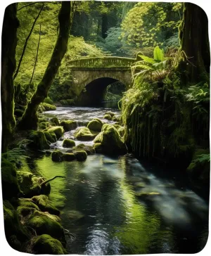 Forest Blanket Green Tree Jungle Stream River Bridge Nature Scenery Throw Blanket for Couch Fuzzy Personalized Soft Fleece Flannel Blanket for Adults (60" x 80")