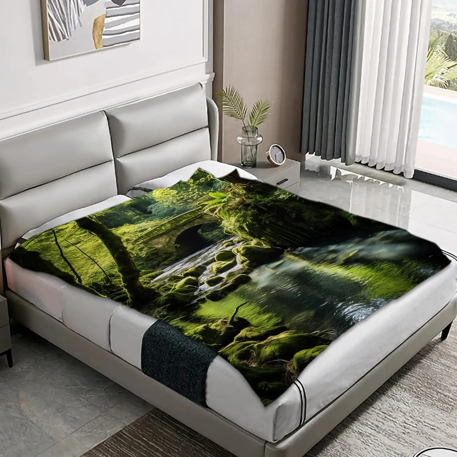 Forest Blanket Green Tree Jungle Stream River Bridge Nature Scenery Throw Blanket for Couch Fuzzy Personalized Soft Fleece Flannel Blanket for Adults (60" x 80")