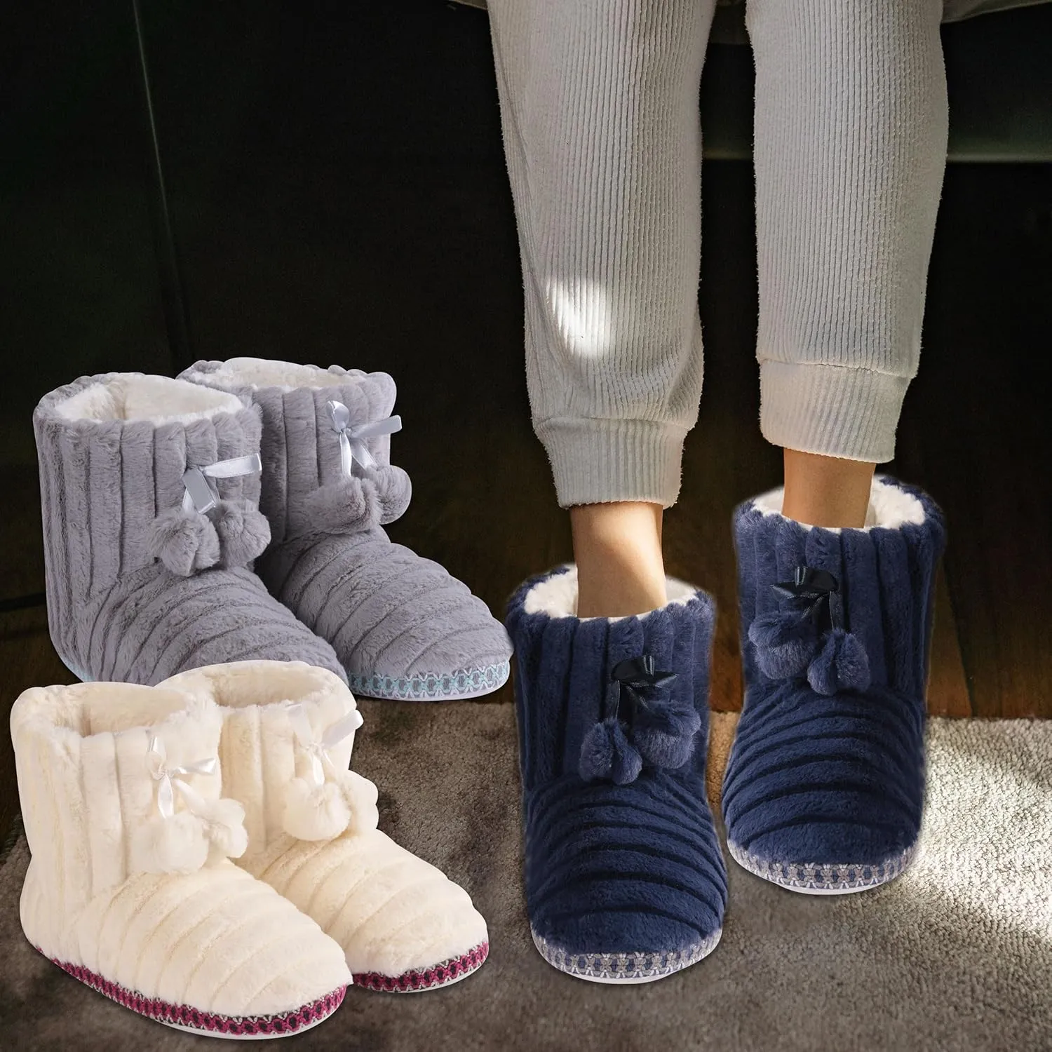 Forfoot Winter Slippers Booties for Women, Cozy Fleece House Shoes Indoor Bedroom Fuzzy Ankle Boot Slippers