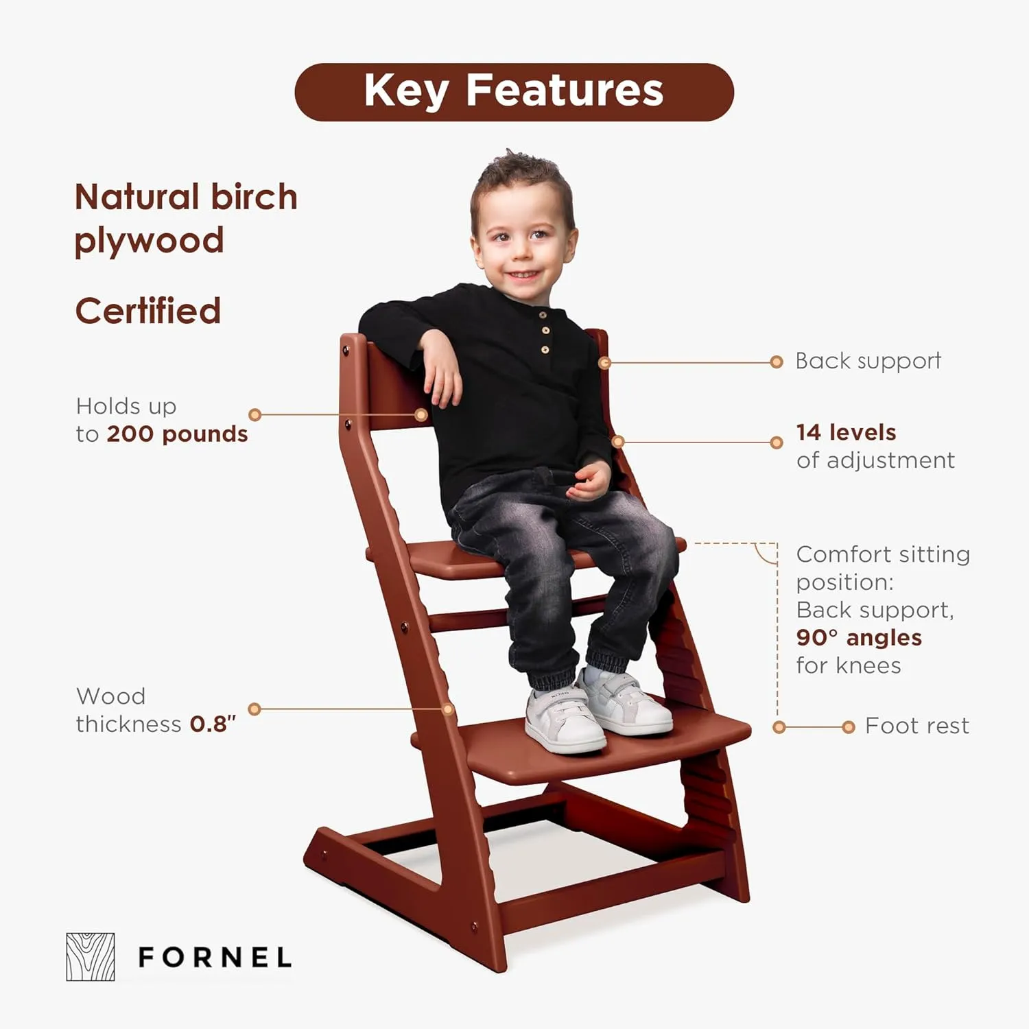Fornel Wooden High Chair for Babies and Toddlers - Easy Clean Adjustable High Chair for Eating - Toddler HighChair for Dining Table - Montessori Baby highchair from 3 Years to 200 Lb, Grow with Child