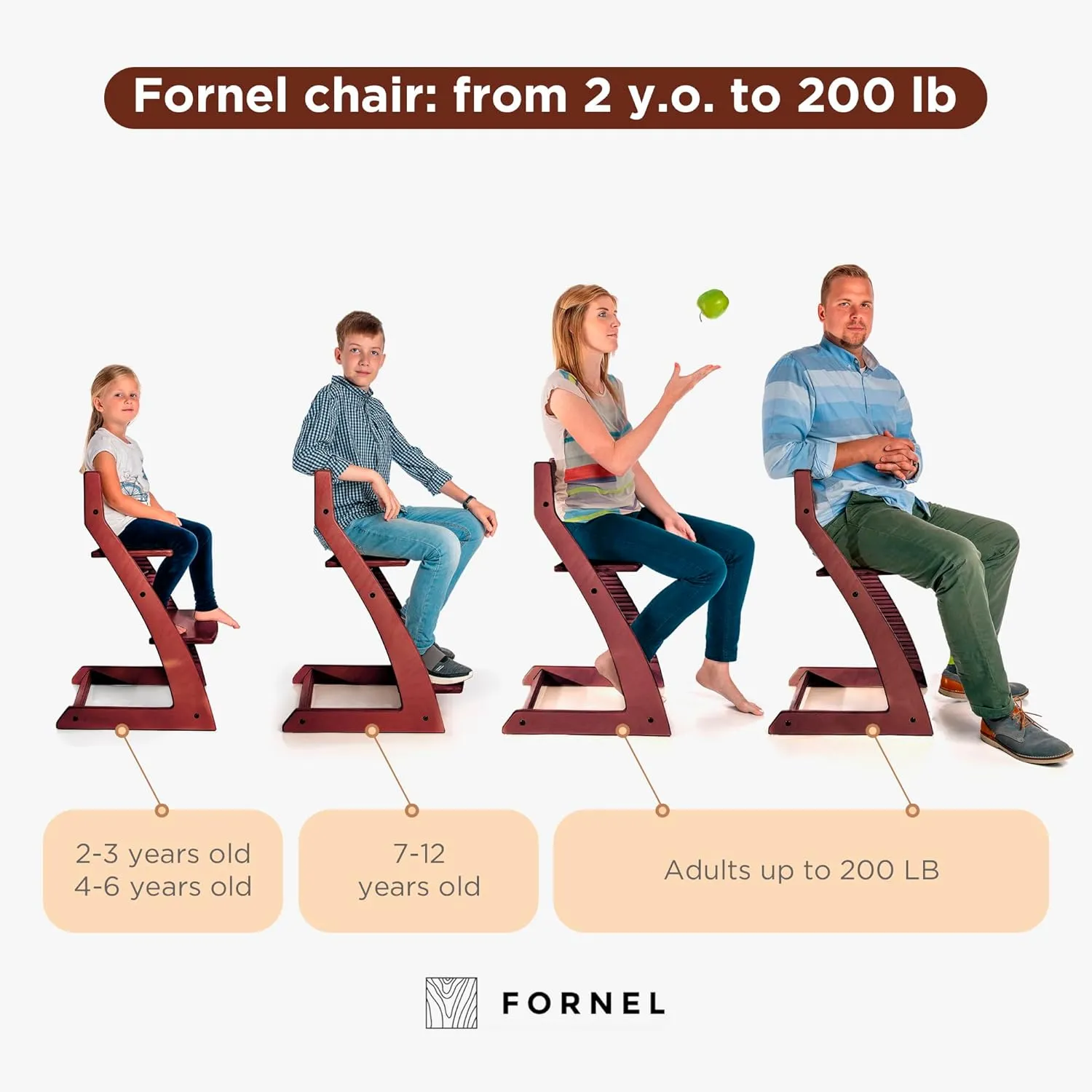 Fornel Wooden High Chair for Babies and Toddlers - Easy Clean Adjustable High Chair for Eating - Toddler HighChair for Dining Table - Montessori Baby highchair from 3 Years to 200 Lb, Grow with Child