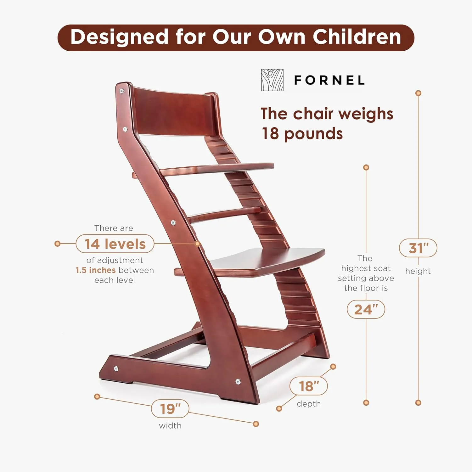 Fornel Wooden High Chair for Babies and Toddlers - Easy Clean Adjustable High Chair for Eating - Toddler HighChair for Dining Table - Montessori Baby highchair from 3 Years to 200 Lb, Grow with Child