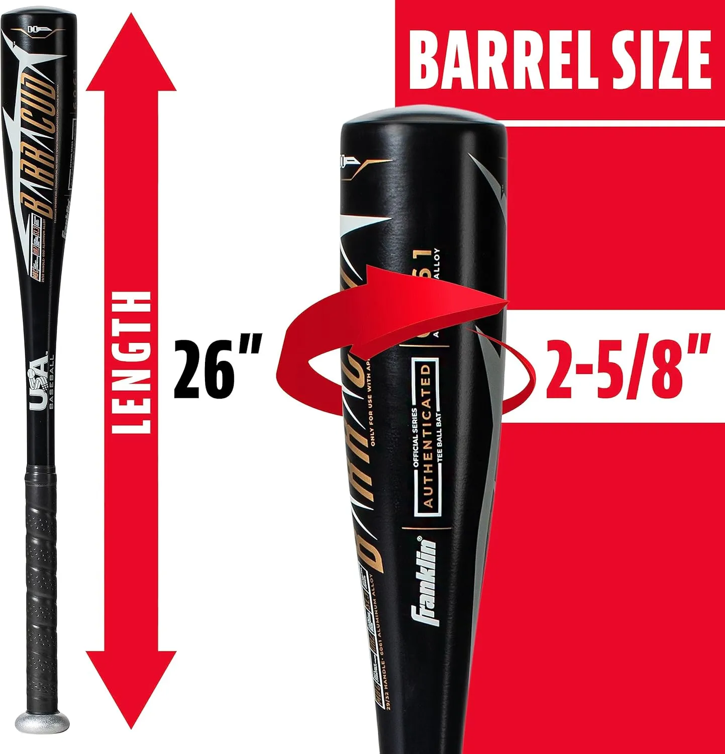 Franklin Sports Kids Teeball Bat - Venom   Barracuda Aluminum   Composite - USA Baseball Certified for Boys   Girls - Youth Metal Bat - Drop -10 to -13