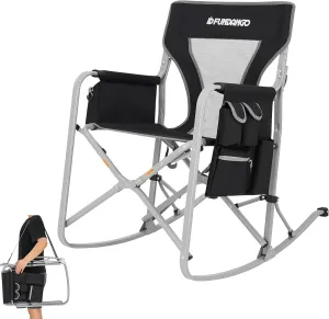 FUNDANGO Rocking Camping Chair for Adults, Oversized Portable Rocking Chair Outdoor Folding with Cooler and Side Pocket for Outside, Backyard, Patio, Lawn, Garden