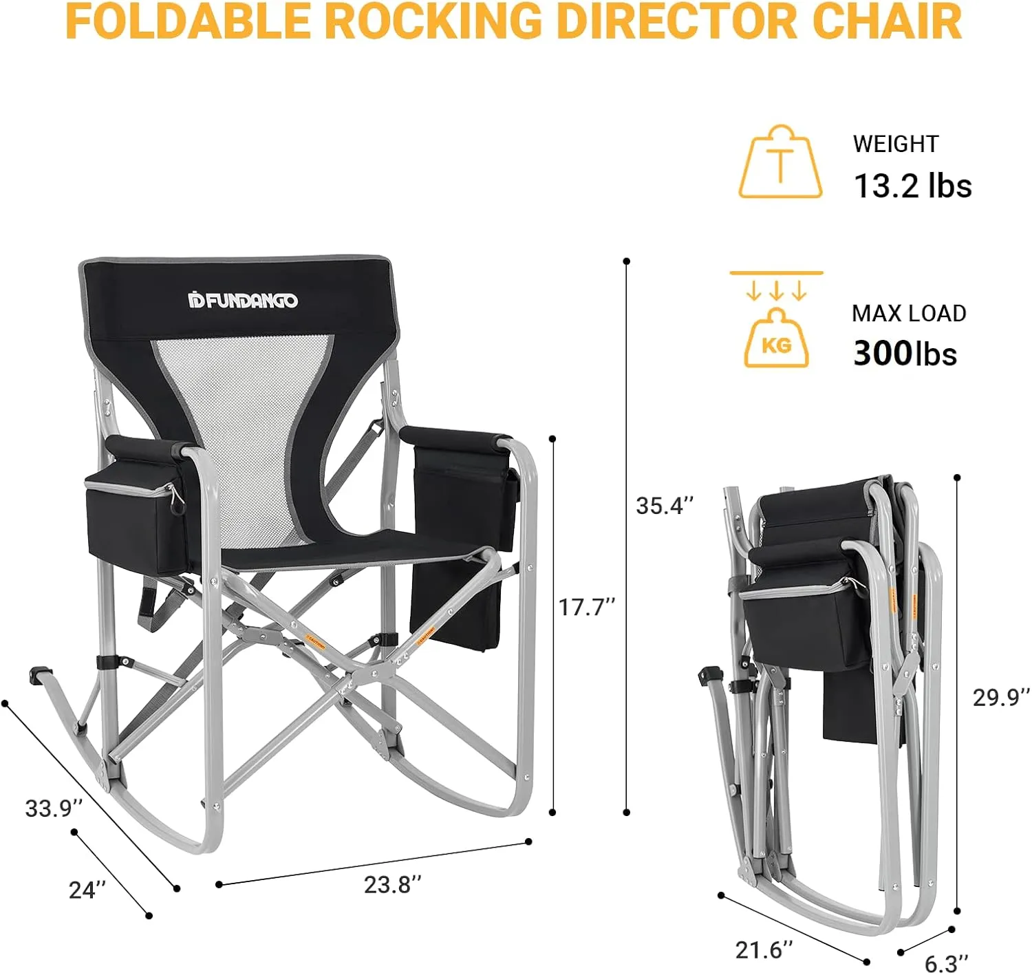 FUNDANGO Rocking Camping Chair for Adults, Oversized Portable Rocking Chair Outdoor Folding with Cooler and Side Pocket for Outside, Backyard, Patio, Lawn, Garden