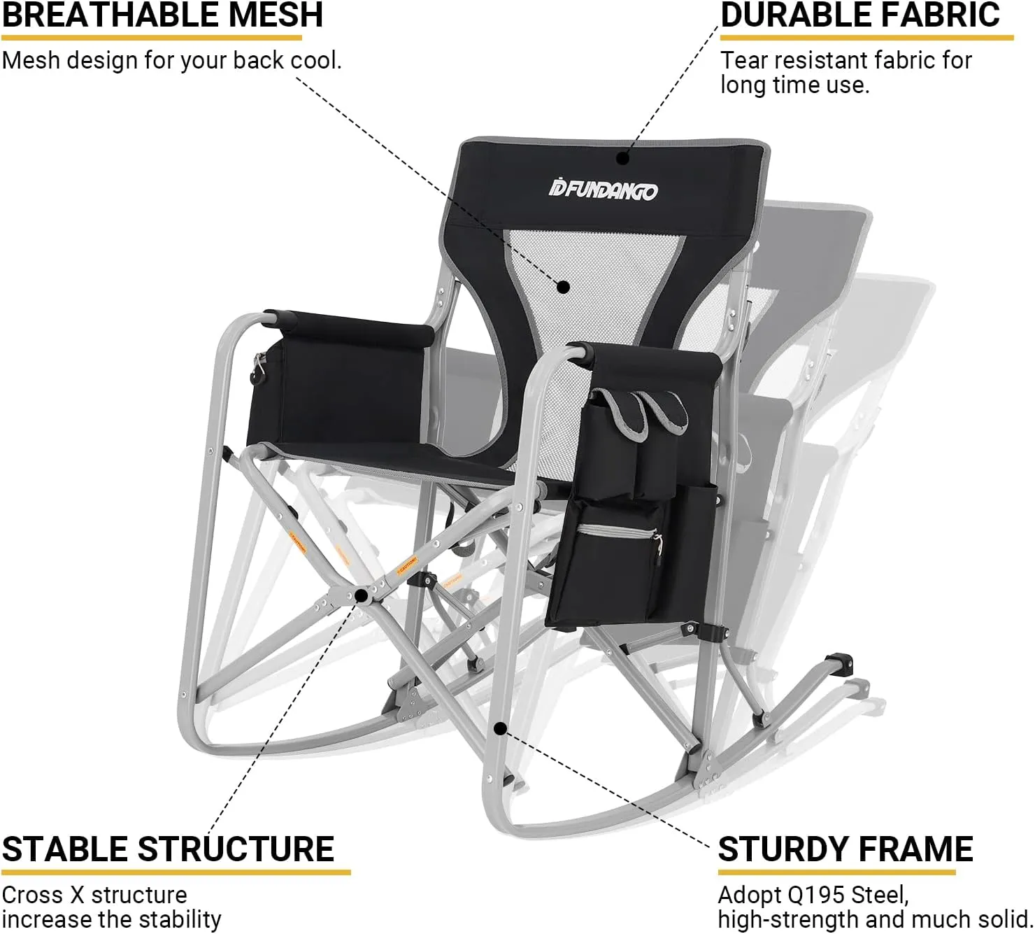 FUNDANGO Rocking Camping Chair for Adults, Oversized Portable Rocking Chair Outdoor Folding with Cooler and Side Pocket for Outside, Backyard, Patio, Lawn, Garden