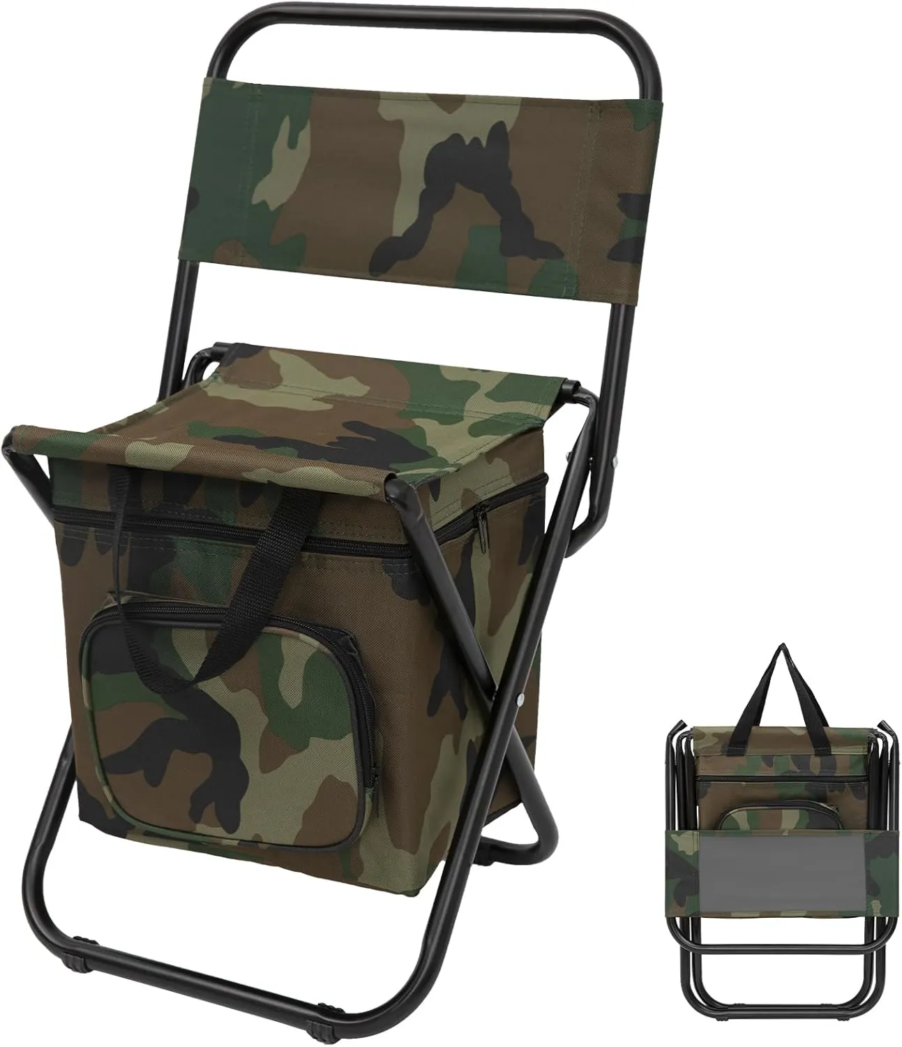 FUNDANGO Small Fishing Chair with Cooler Bag, Lightweight Camping Chair Compact Fishing Stool with Backrest for RV Hiking Travel, Hunting, Ice Fishing Gifts Gear for Men