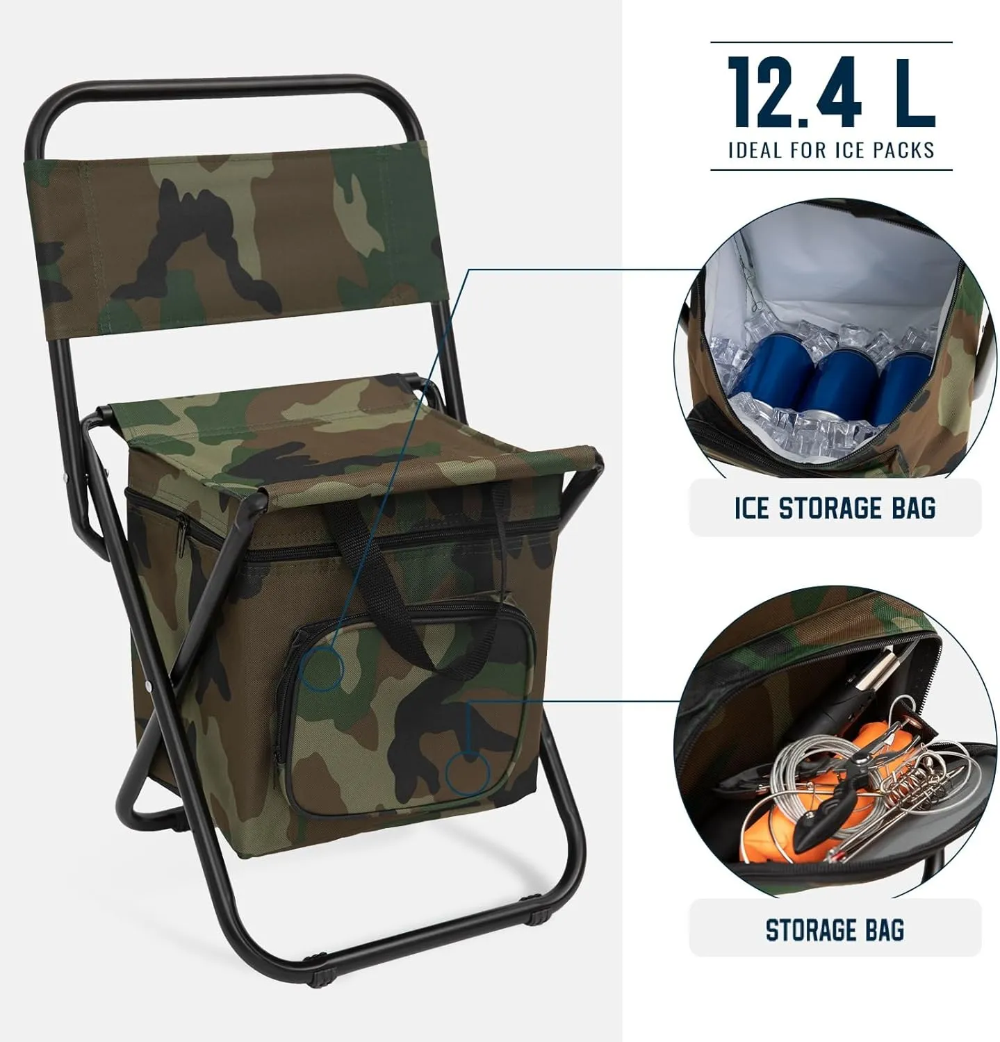 FUNDANGO Small Fishing Chair with Cooler Bag, Lightweight Camping Chair Compact Fishing Stool with Backrest for RV Hiking Travel, Hunting, Ice Fishing Gifts Gear for Men
