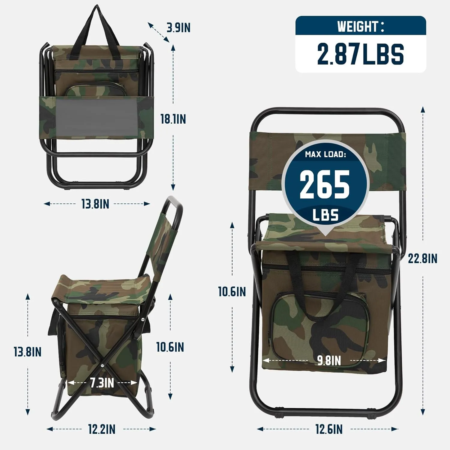 FUNDANGO Small Fishing Chair with Cooler Bag, Lightweight Camping Chair Compact Fishing Stool with Backrest for RV Hiking Travel, Hunting, Ice Fishing Gifts Gear for Men