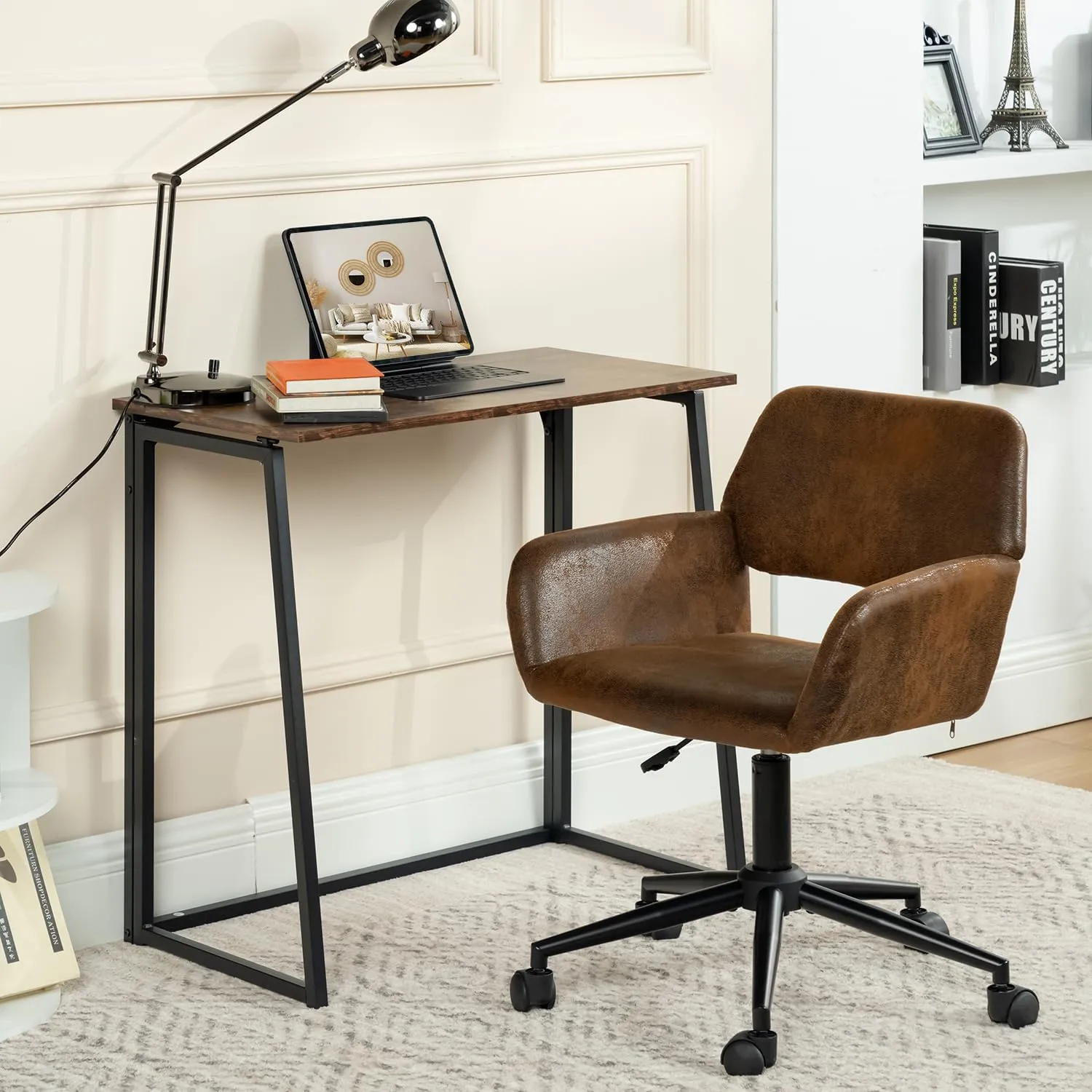 FurnitureR Folding Writing Desk, 31.5 Inches Foldable Home Office Desk, Space Saving Computer Study Table Compact Workstation for Small Space, Vintage Brown