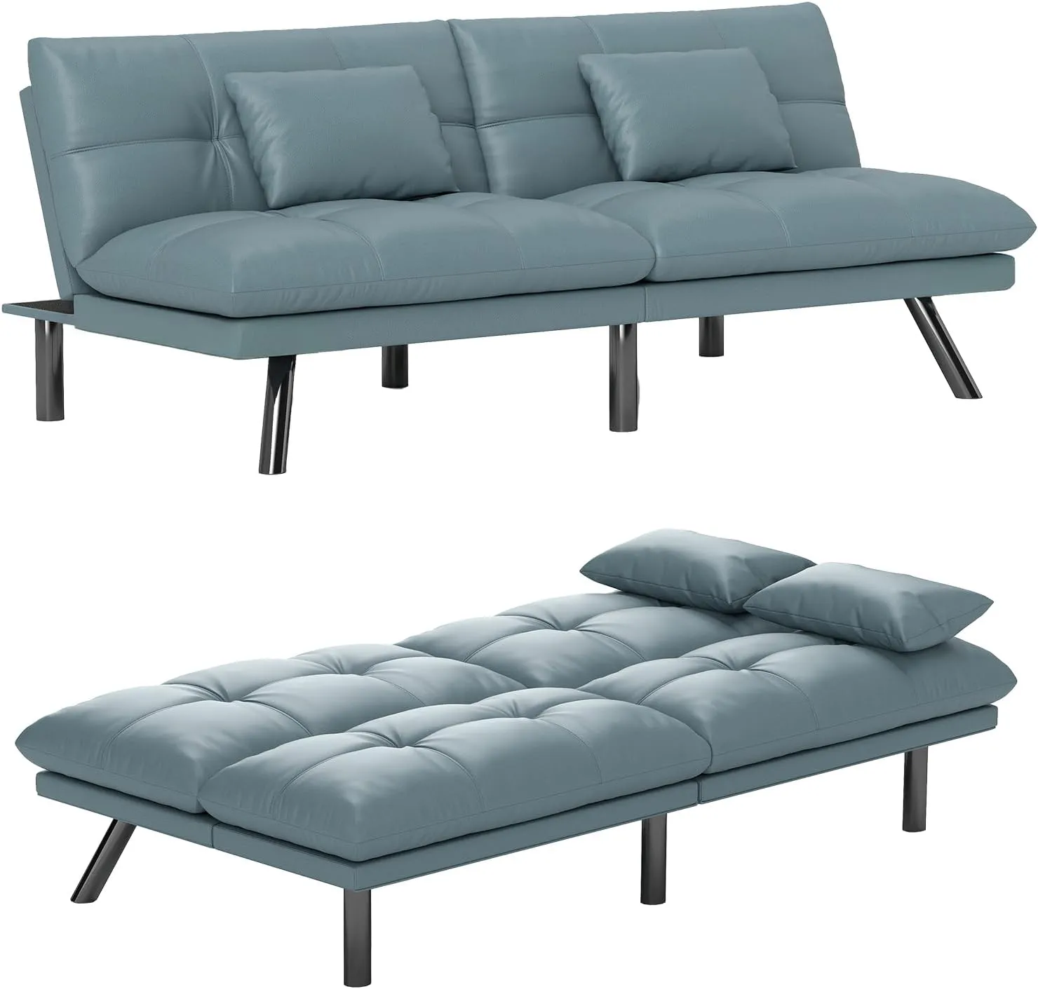 Futon Sofa Bed Convertible 70 inch Solid Wood Couch for Living Room, Water-Resistant Fabric, 2 Cushions (Cream Blue)