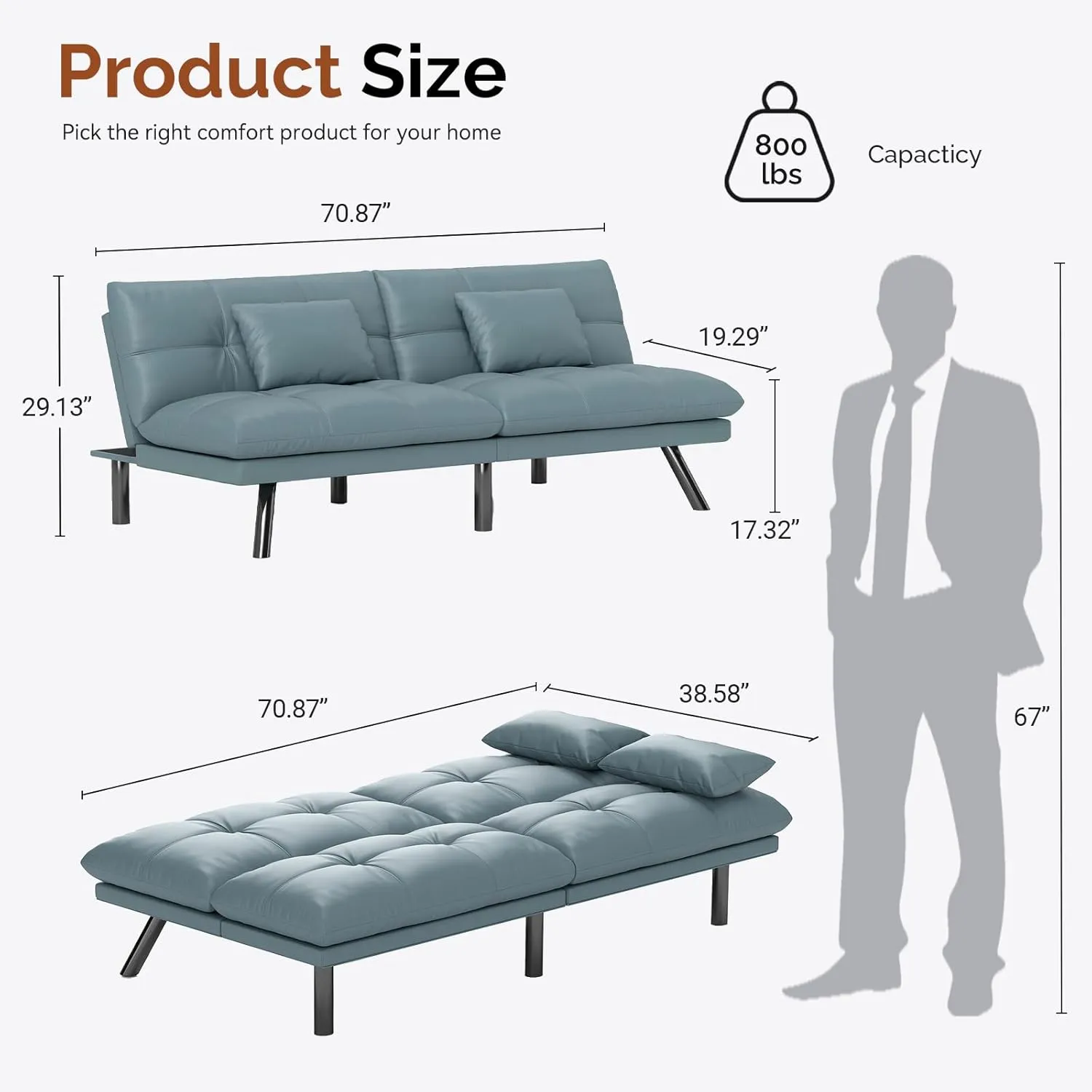 Futon Sofa Bed Convertible 70 inch Solid Wood Couch for Living Room, Water-Resistant Fabric, 2 Cushions (Cream Blue)