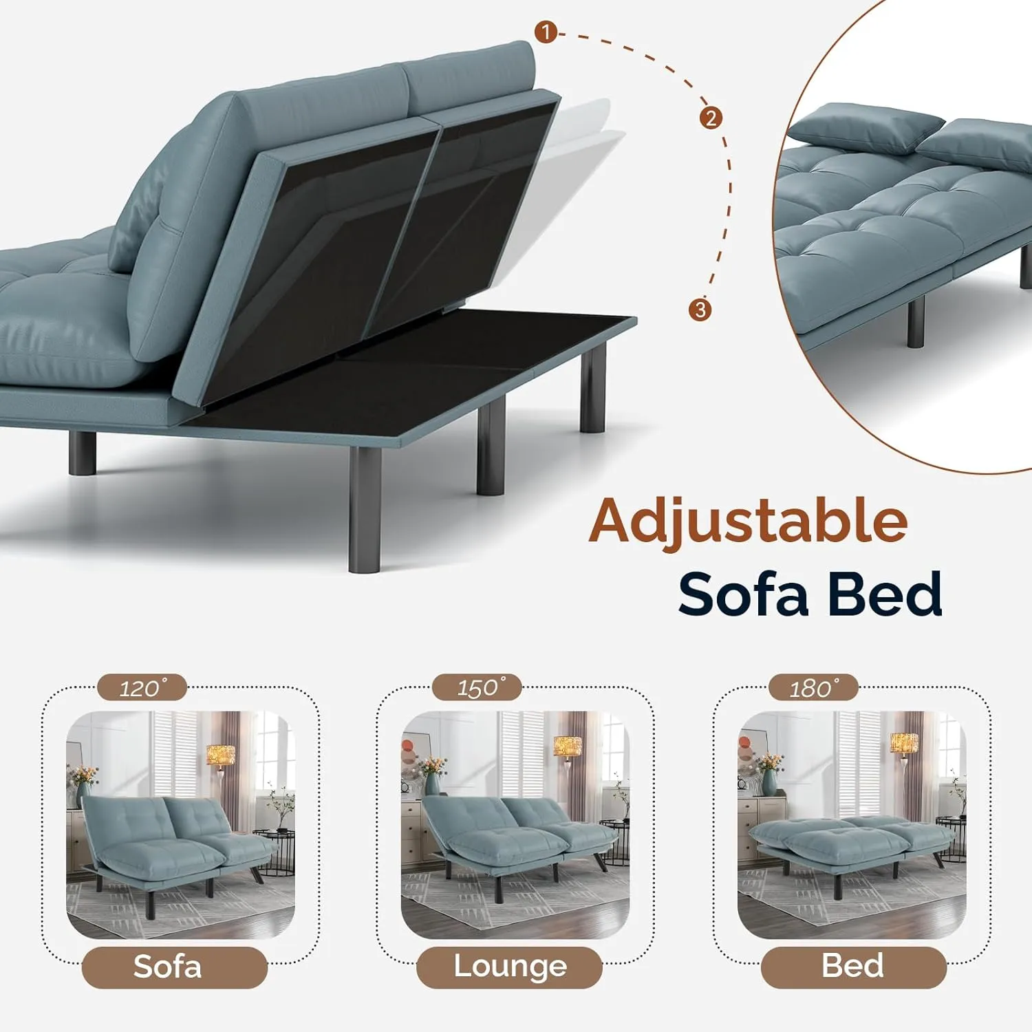 Futon Sofa Bed Convertible 70 inch Solid Wood Couch for Living Room, Water-Resistant Fabric, 2 Cushions (Cream Blue)