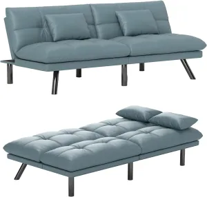 Futon Sofa Bed Convertible 70 inch Solid Wood Couch for Living Room, Water-Resistant Fabric, 2 Cushions (Cream Blue)