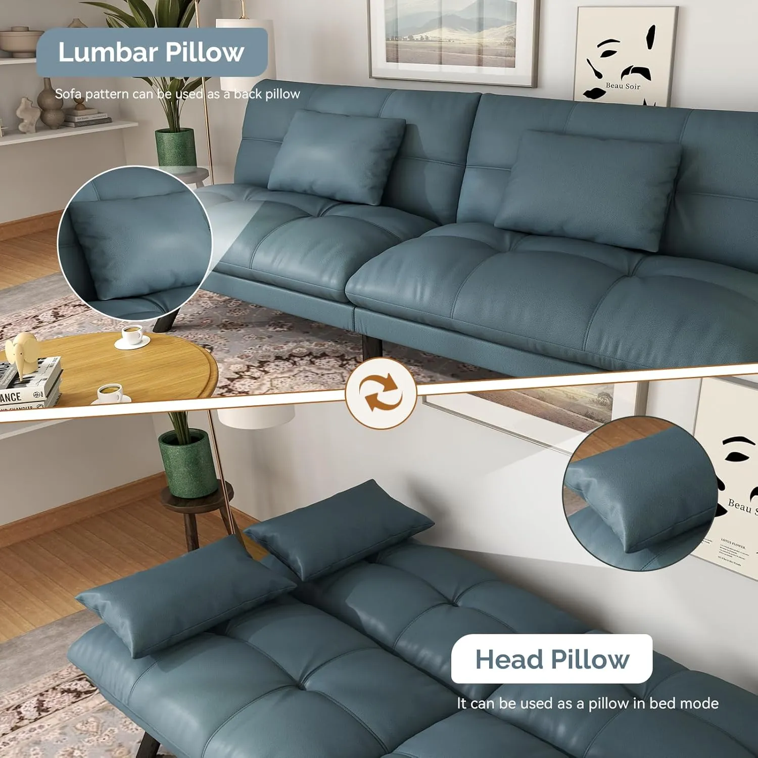 Futon Sofa Bed Convertible 70 inch Solid Wood Couch for Living Room, Water-Resistant Fabric, 2 Cushions (Cream Blue)