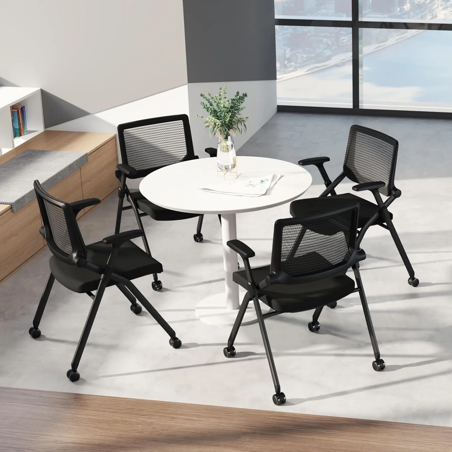 FYLICA Foldable Office Chair Set of 2 with PU Wheels Ergonomic Mesh Bouncing Back, Stackable Conference Room Chair, Office Guest & Reception & Meeting Chair (Black)