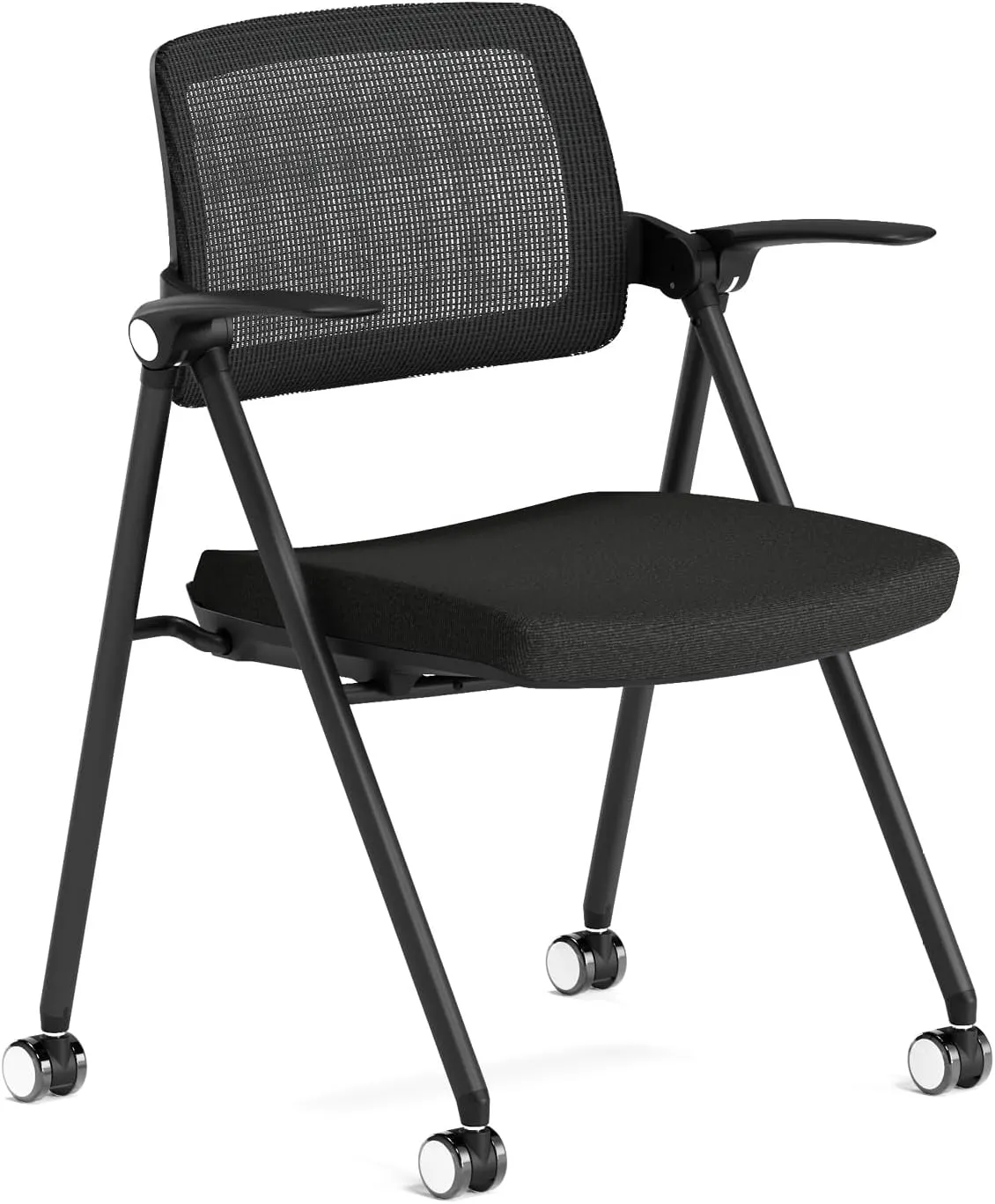 FYLICA Stackable & Foldable Office Chair, Folding Desk Chair with Flip-Up Armrest, Breathable Mesh, Thick Seat Cushion & Rocking Backrest, Conference Room Chair with Wheel (Black，1)