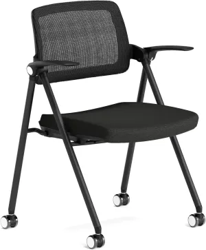 FYLICA Stackable & Foldable Office Chair, Folding Desk Chair with Flip-Up Armrest, Breathable Mesh, Thick Seat Cushion & Rocking Backrest, Conference Room Chair with Wheel (Black，1)