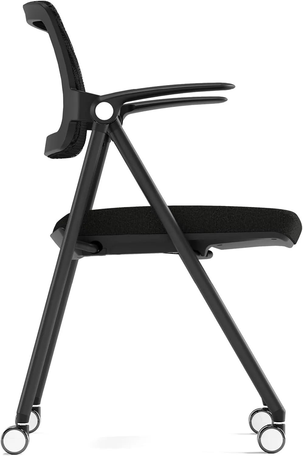 FYLICA Stackable & Foldable Office Chair Set of 2, Folding Desk Chair with Flip-Up Armrest, Breathable Mesh, Thick Seat Cushion & Rocking Backrest, Conference Room Chair with Wheel (Black)