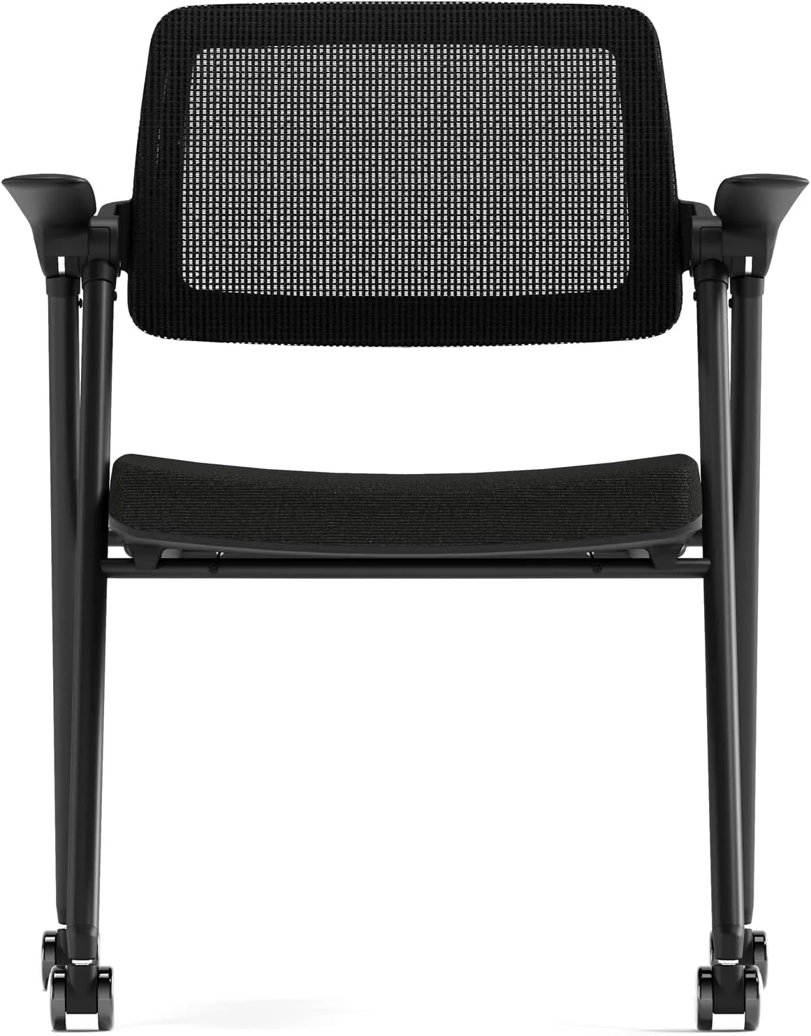 FYLICA Stackable & Foldable Office Chair Set of 2, Folding Desk Chair with Flip-Up Armrest, Breathable Mesh, Thick Seat Cushion & Rocking Backrest, Conference Room Chair with Wheel (Black)