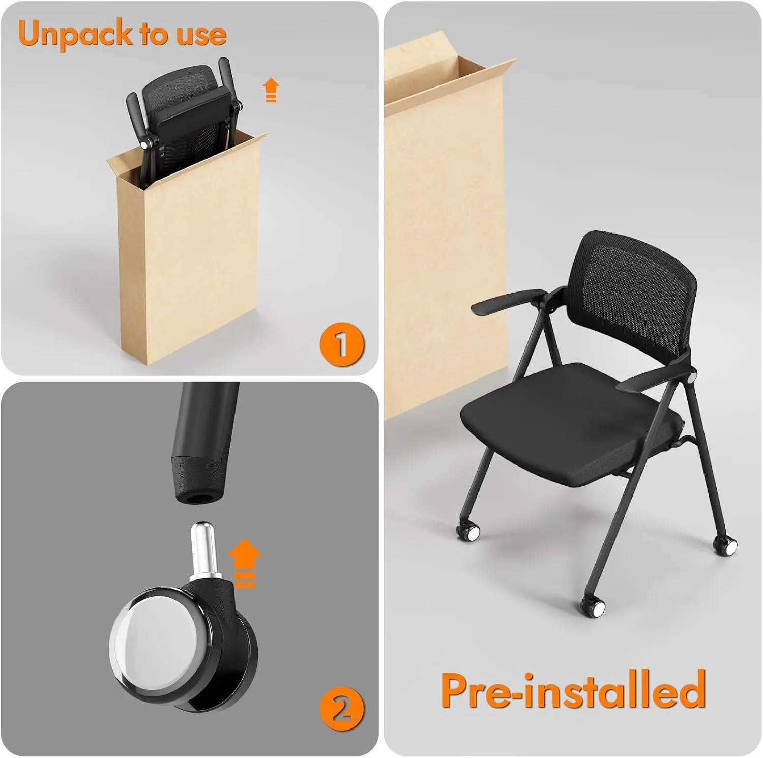 FYLICA Stackable & Foldable Office Chair Set of 2, Folding Desk Chair with Flip-Up Armrest, Breathable Mesh, Thick Seat Cushion & Rocking Backrest, Conference Room Chair with Wheel (Black)