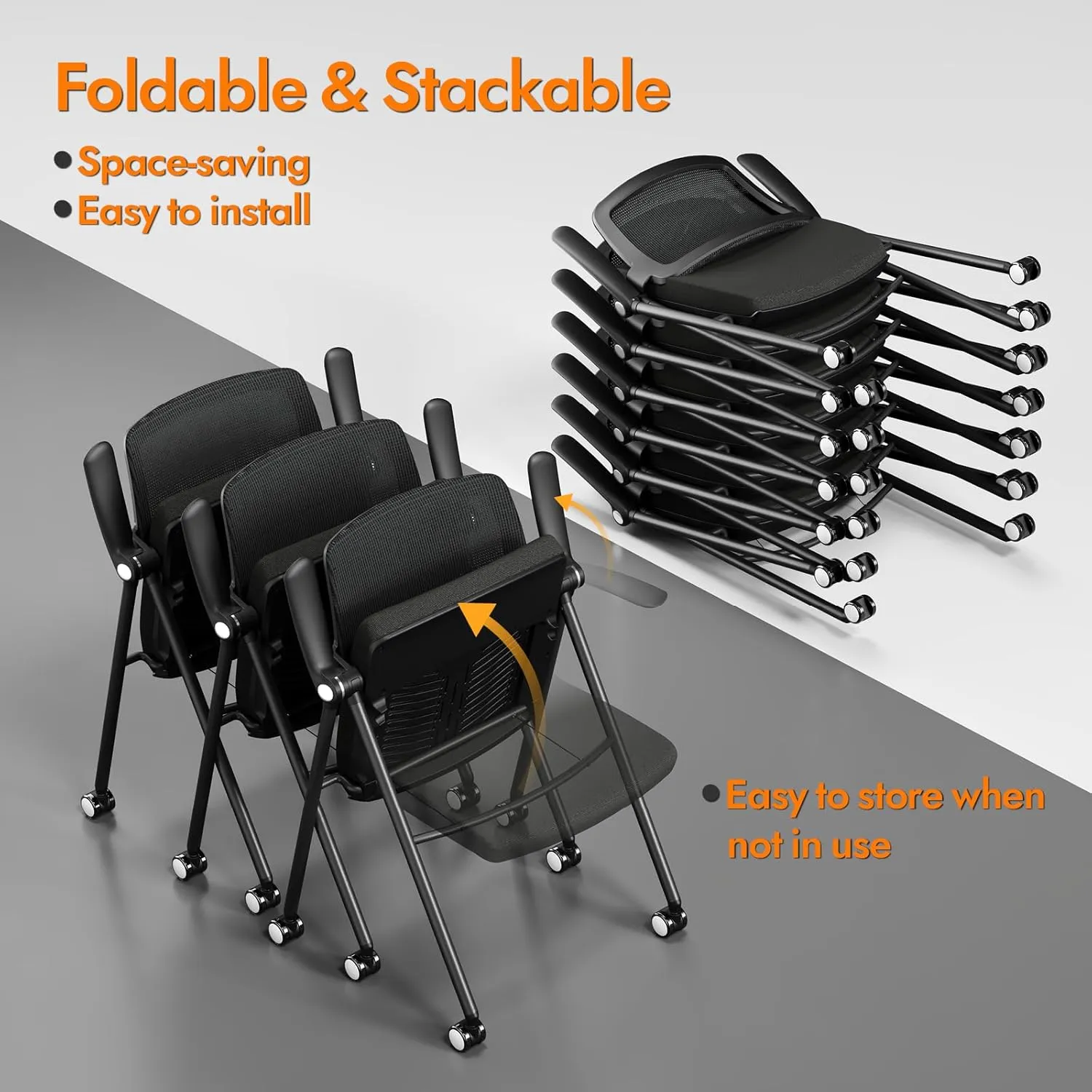 FYLICA Stackable & Foldable Office Chair Set of 2, Folding Desk Chair with Flip-Up Armrest, Breathable Mesh, Thick Seat Cushion & Rocking Backrest, Conference Room Chair with Wheel (Black)