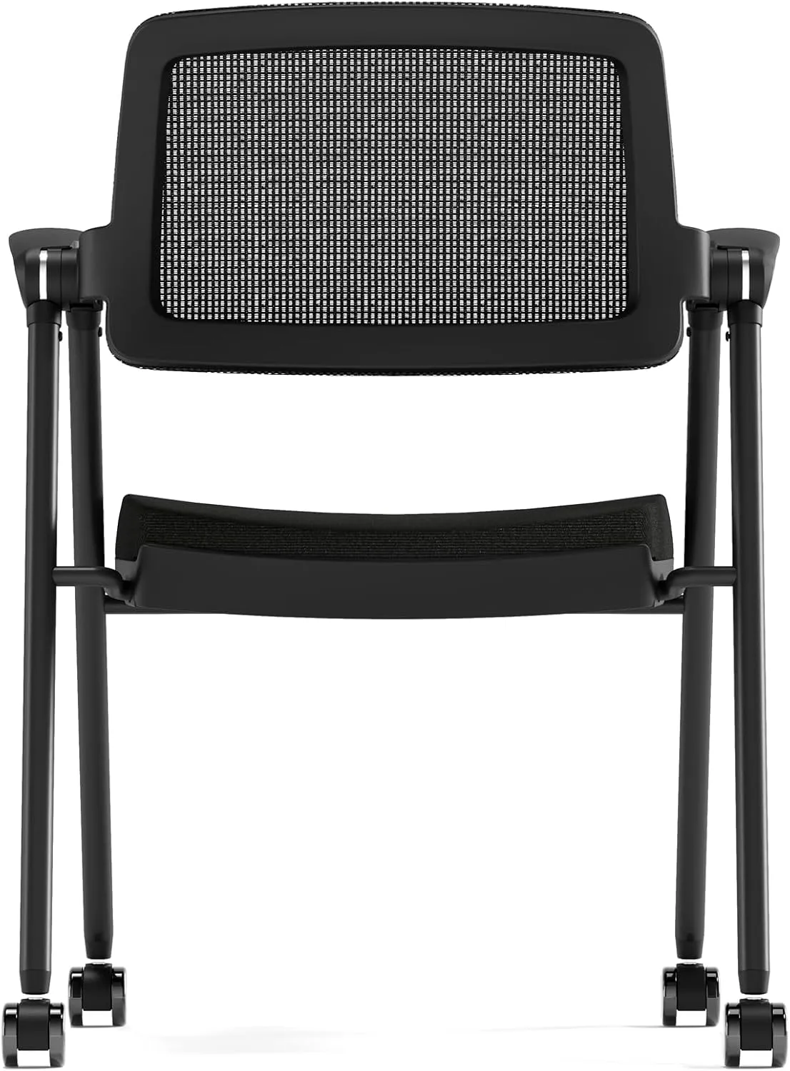FYLICA Stackable & Foldable Office Chair Set of 2, Folding Desk Chair with Flip-Up Armrest, Breathable Mesh, Thick Seat Cushion & Rocking Backrest, Conference Room Chair with Wheel (Black)