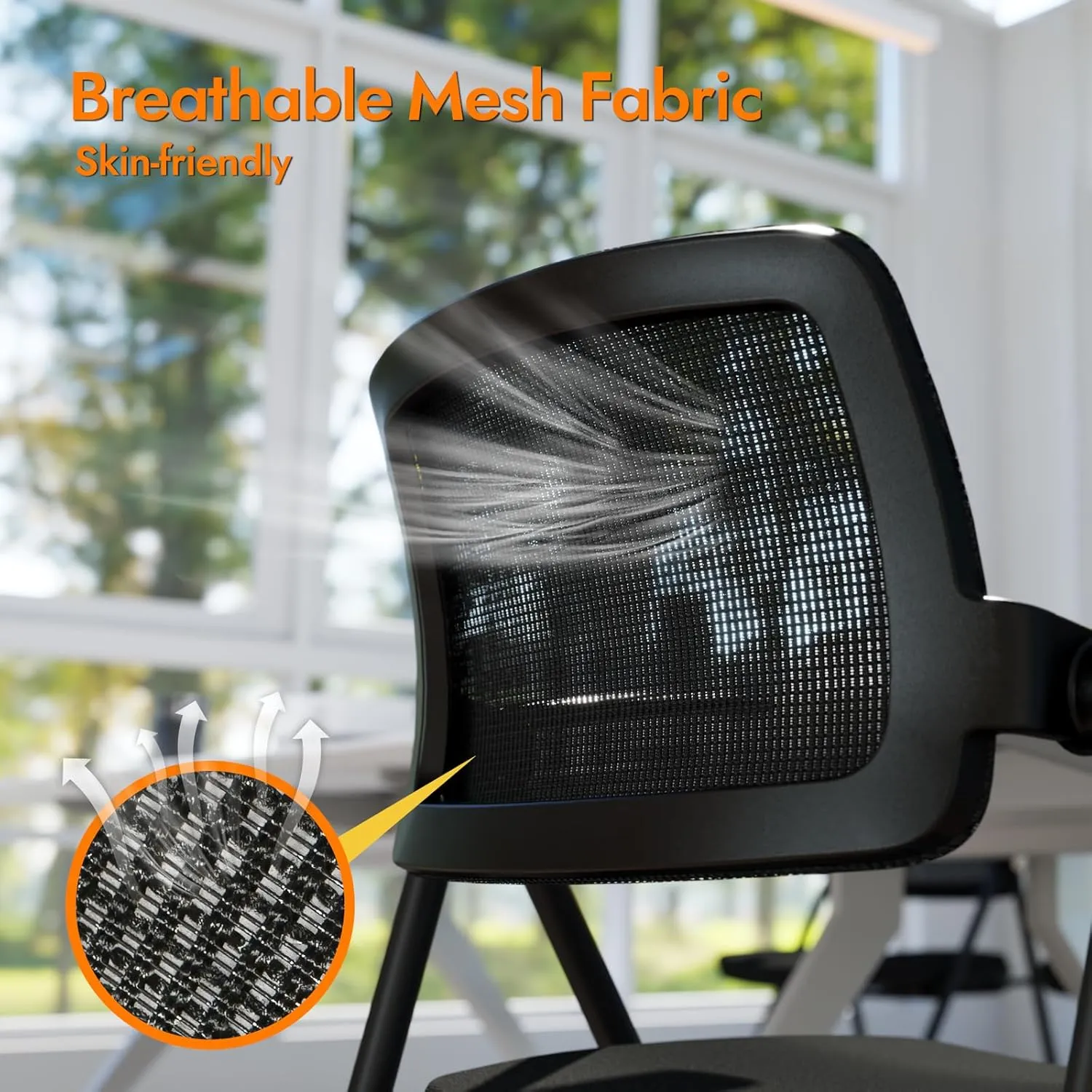 FYLICA Stackable & Foldable Office Chair Set of 2, Folding Desk Chair with Flip-Up Armrest, Breathable Mesh, Thick Seat Cushion & Rocking Backrest, Conference Room Chair with Wheel (Black)