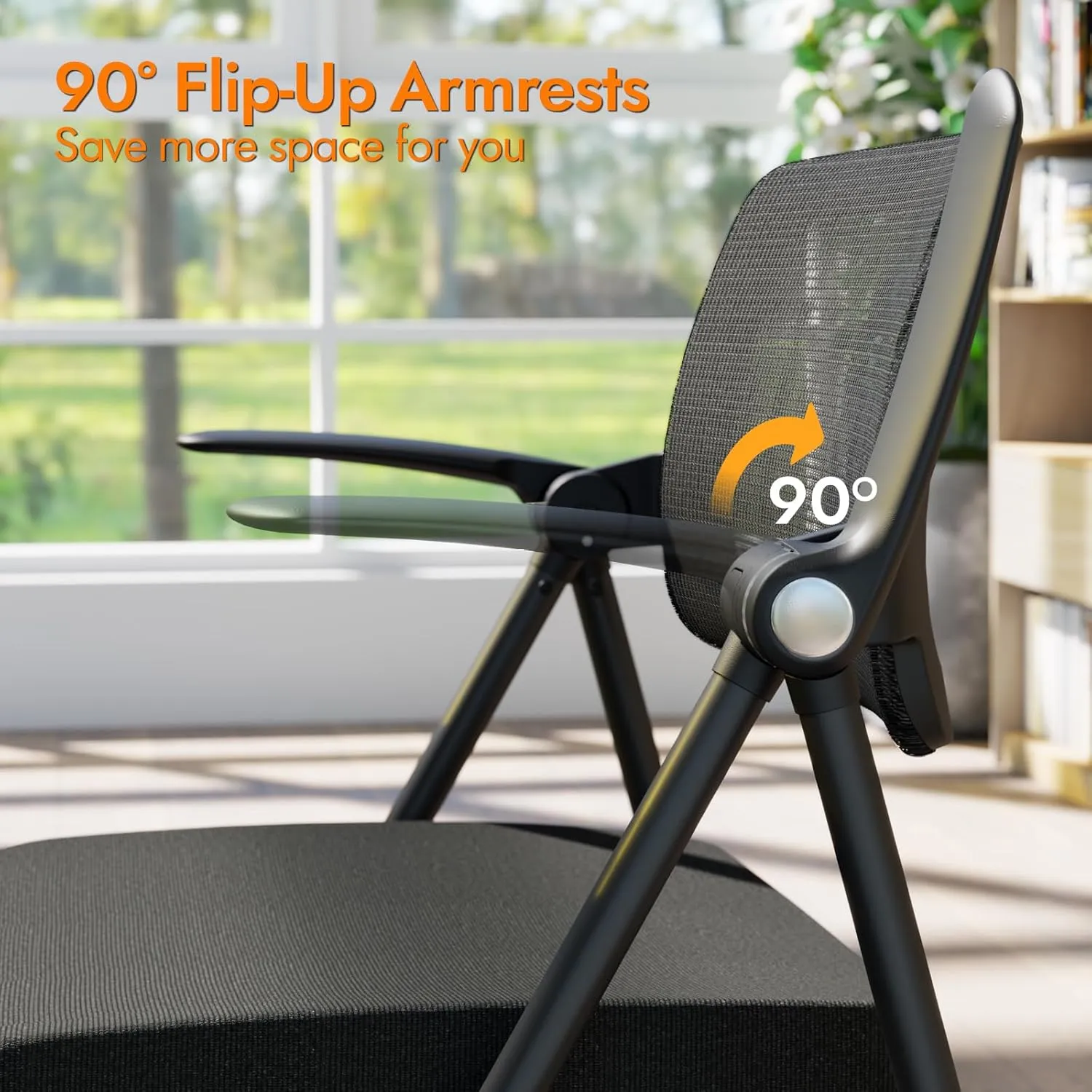 FYLICA Stackable & Foldable Office Chair Set of 2, Folding Desk Chair with Flip-Up Armrest, Breathable Mesh, Thick Seat Cushion & Rocking Backrest, Conference Room Chair with Wheel (Black)