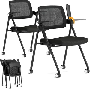 FYLICA Stackable & Foldable Office Chair Set of 2, Folding Desk Chair with Flip-Up Armrest, Breathable Mesh, Thick Seat Cushion & Rocking Backrest, Conference Room Chair with Wheel (Black)
