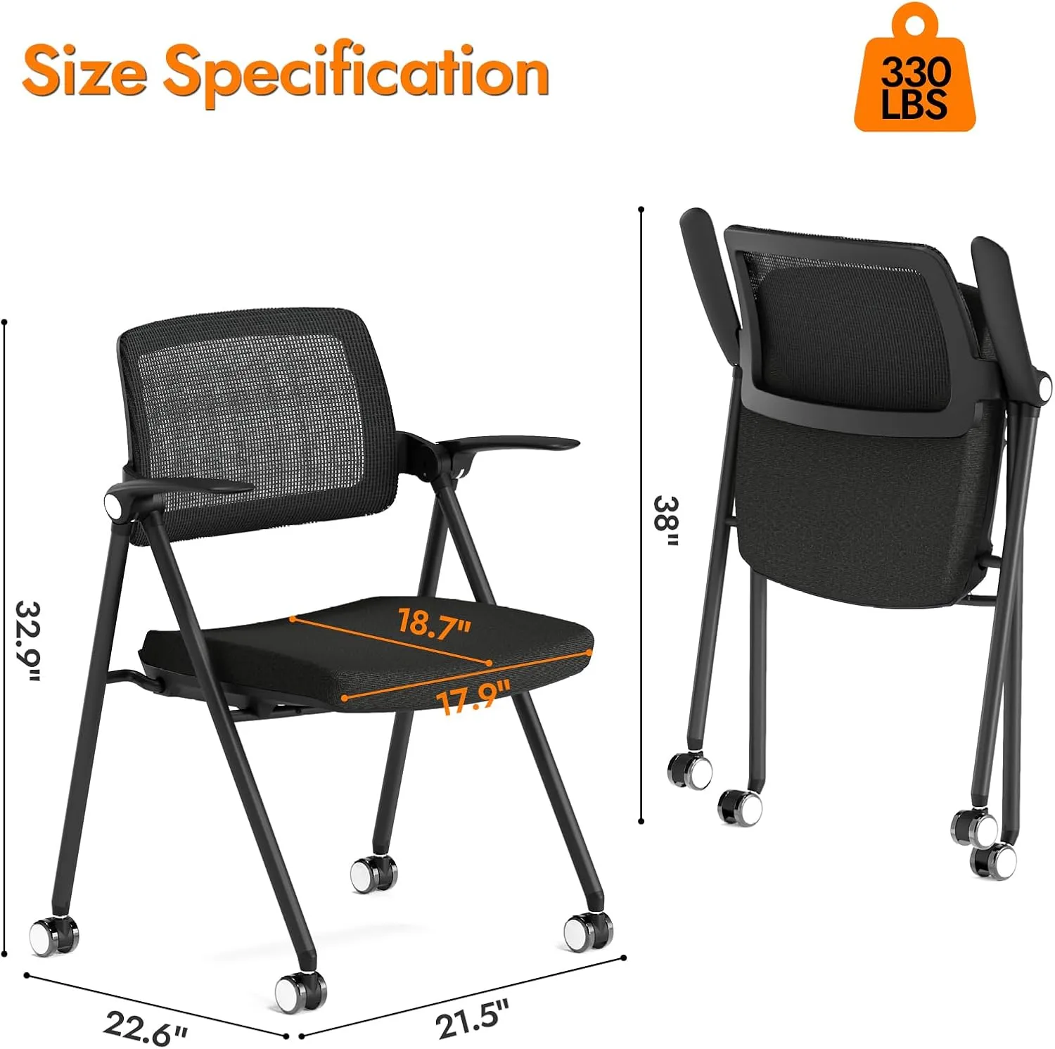 FYLICA Stackable & Foldable Office Chair Set of 2, Folding Desk Chair with Flip-Up Armrest, Breathable Mesh, Thick Seat Cushion & Rocking Backrest, Conference Room Chair with Wheel (Black)