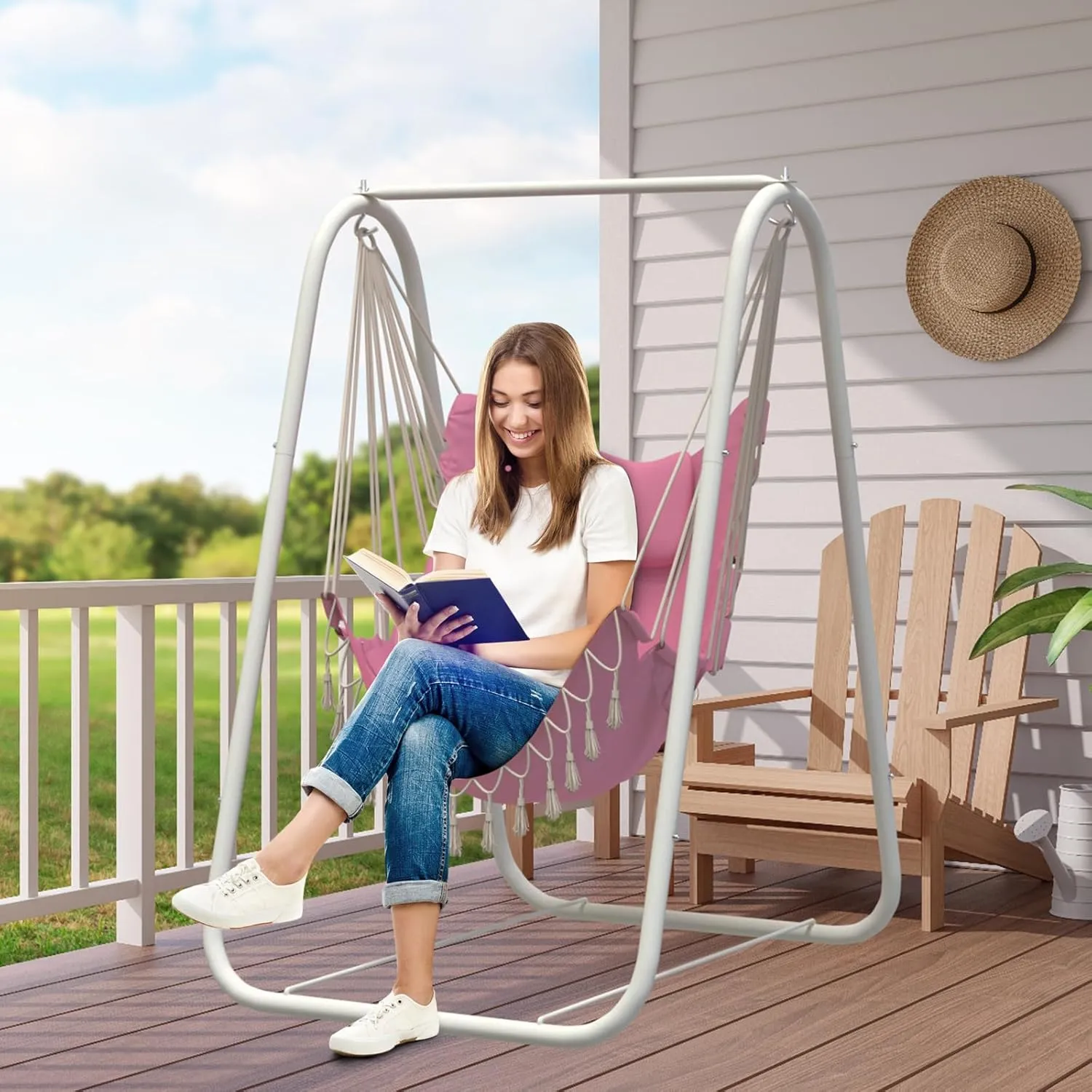 G TALECO GEAR Hammock Chair with Stand,Heavy-Duty and Rustproof Hanging Chair with Stand,Hammock Swing Chair Stand,for Indoor Outdoor Patio Yard Garden Porch (Pink)