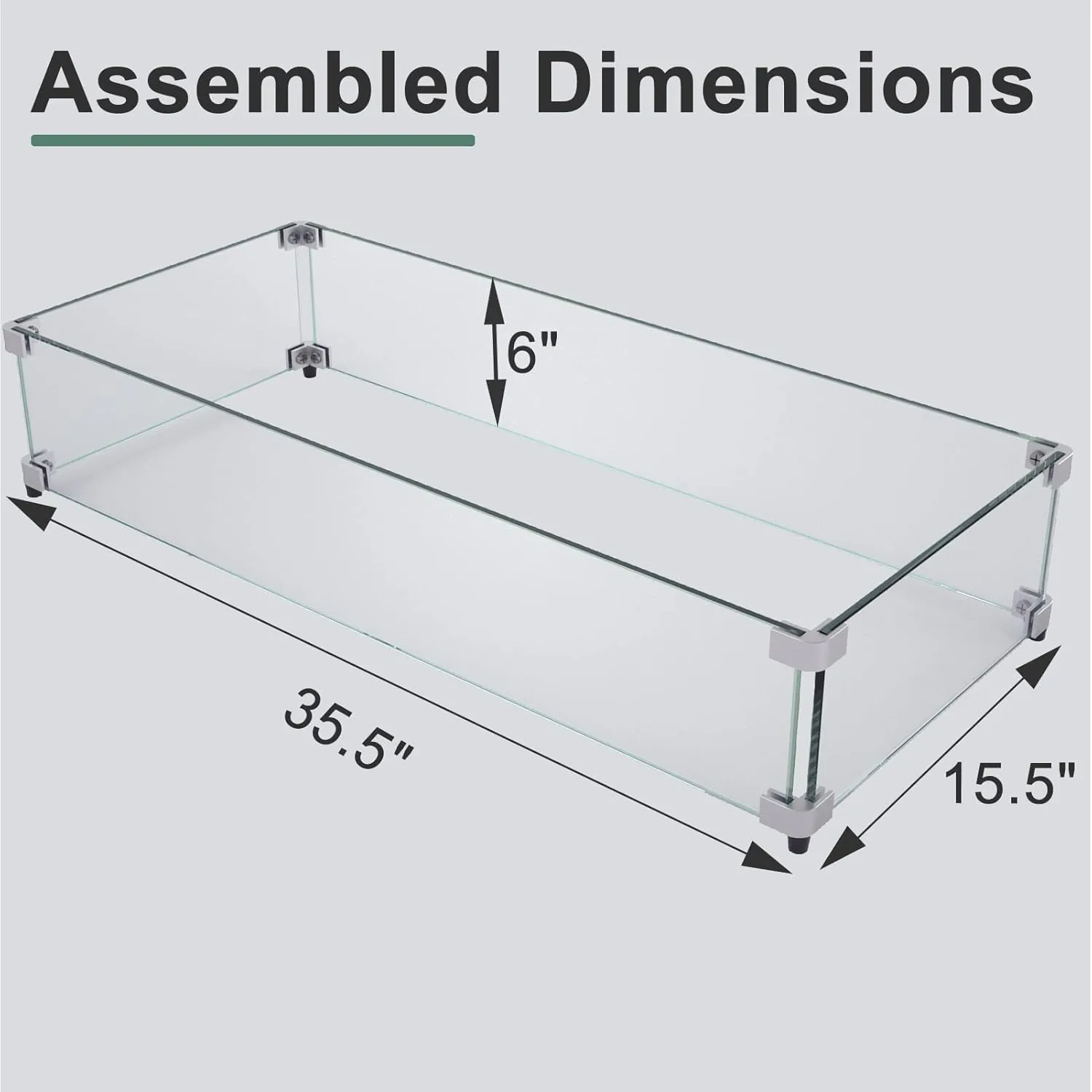 GASPRO 35.5 x 15.5 Inch Glass Wind Guard for Rectangular Fire Pit Table, Thick and Sturdy Tempered Glass Panel with Hard Aluminum Corner Bracket & Rubber Feet, Easy to Assemble