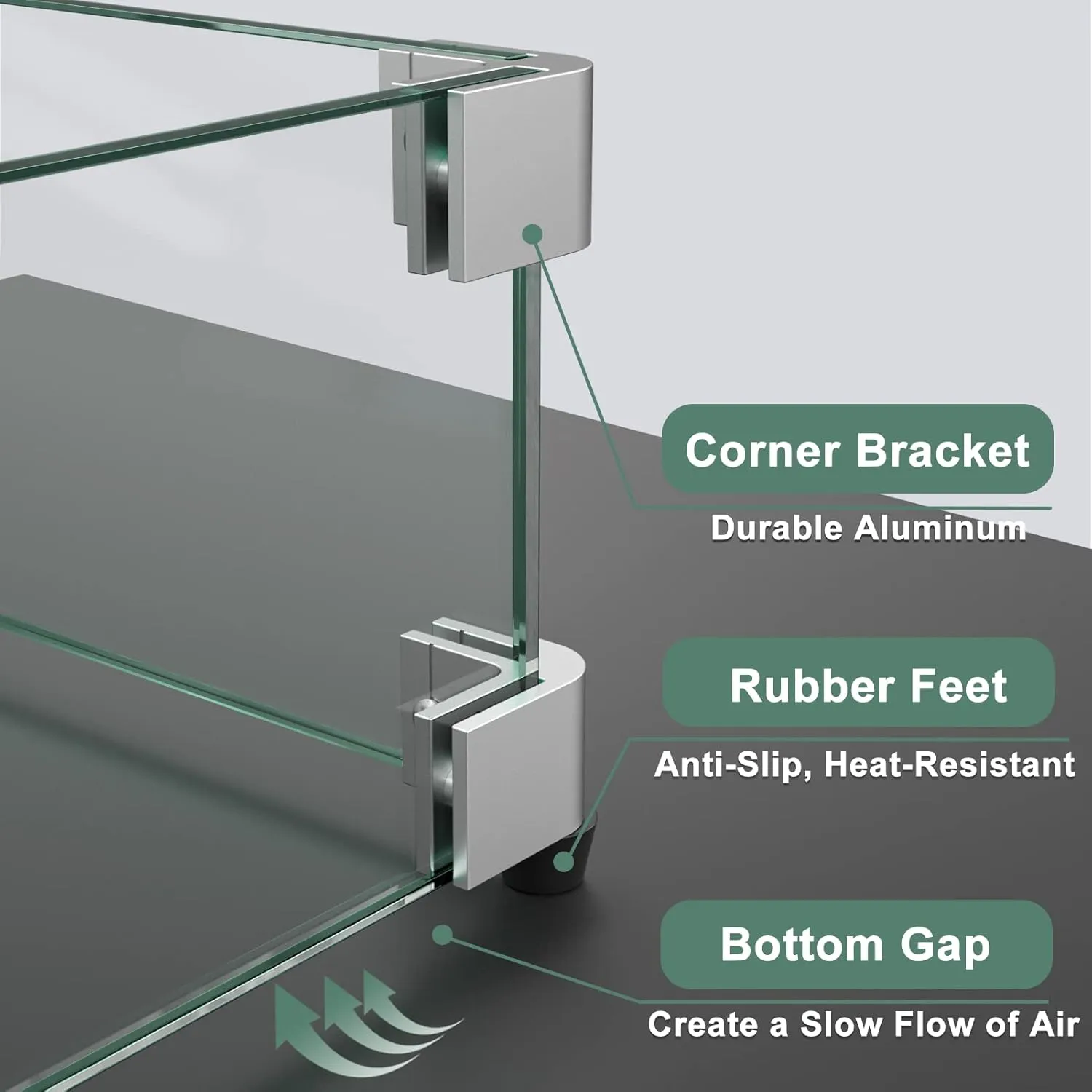 GASPRO 35.5 x 15.5 Inch Glass Wind Guard for Rectangular Fire Pit Table, Thick and Sturdy Tempered Glass Panel with Hard Aluminum Corner Bracket & Rubber Feet, Easy to Assemble