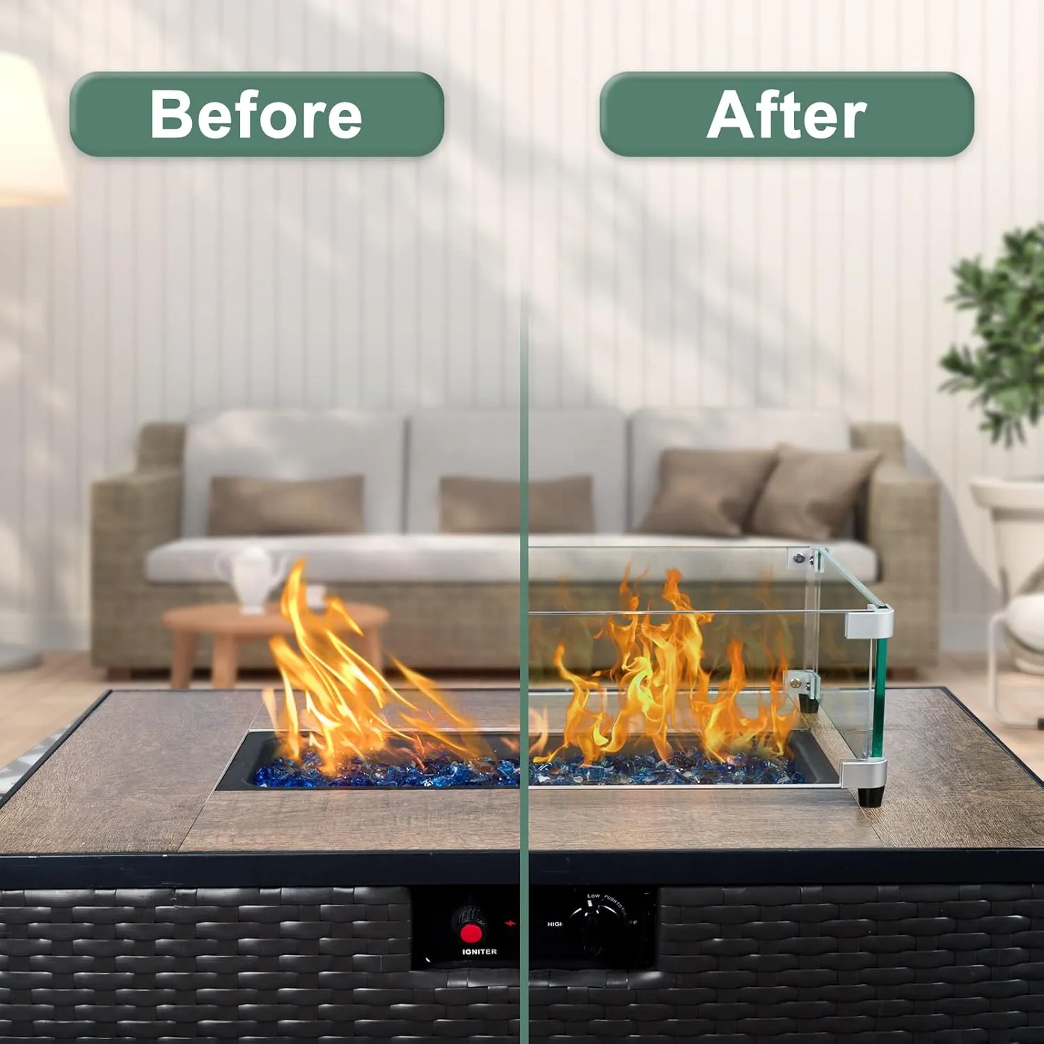 GASPRO 35.5 x 15.5 Inch Glass Wind Guard for Rectangular Fire Pit Table, Thick and Sturdy Tempered Glass Panel with Hard Aluminum Corner Bracket & Rubber Feet, Easy to Assemble
