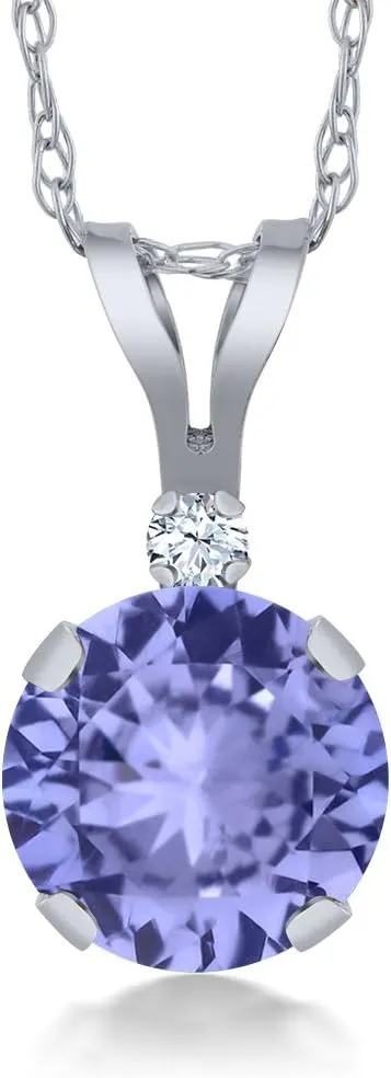 Gem Stone King 0.92 Ct Round Blue Tanzanite White Created Sapphire 14K White Gold Pendant